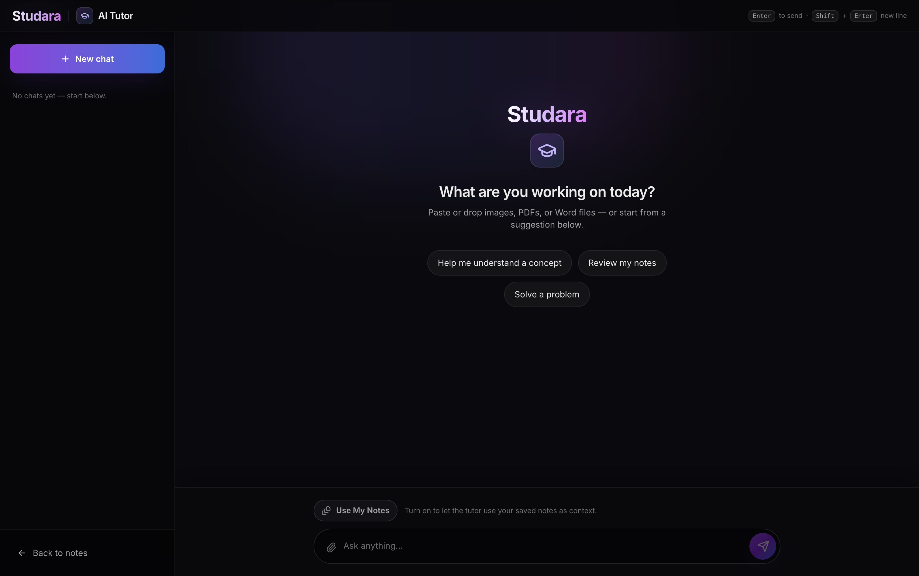 Studara AI Tutor chat with new chat, suggestions, and note context toggle