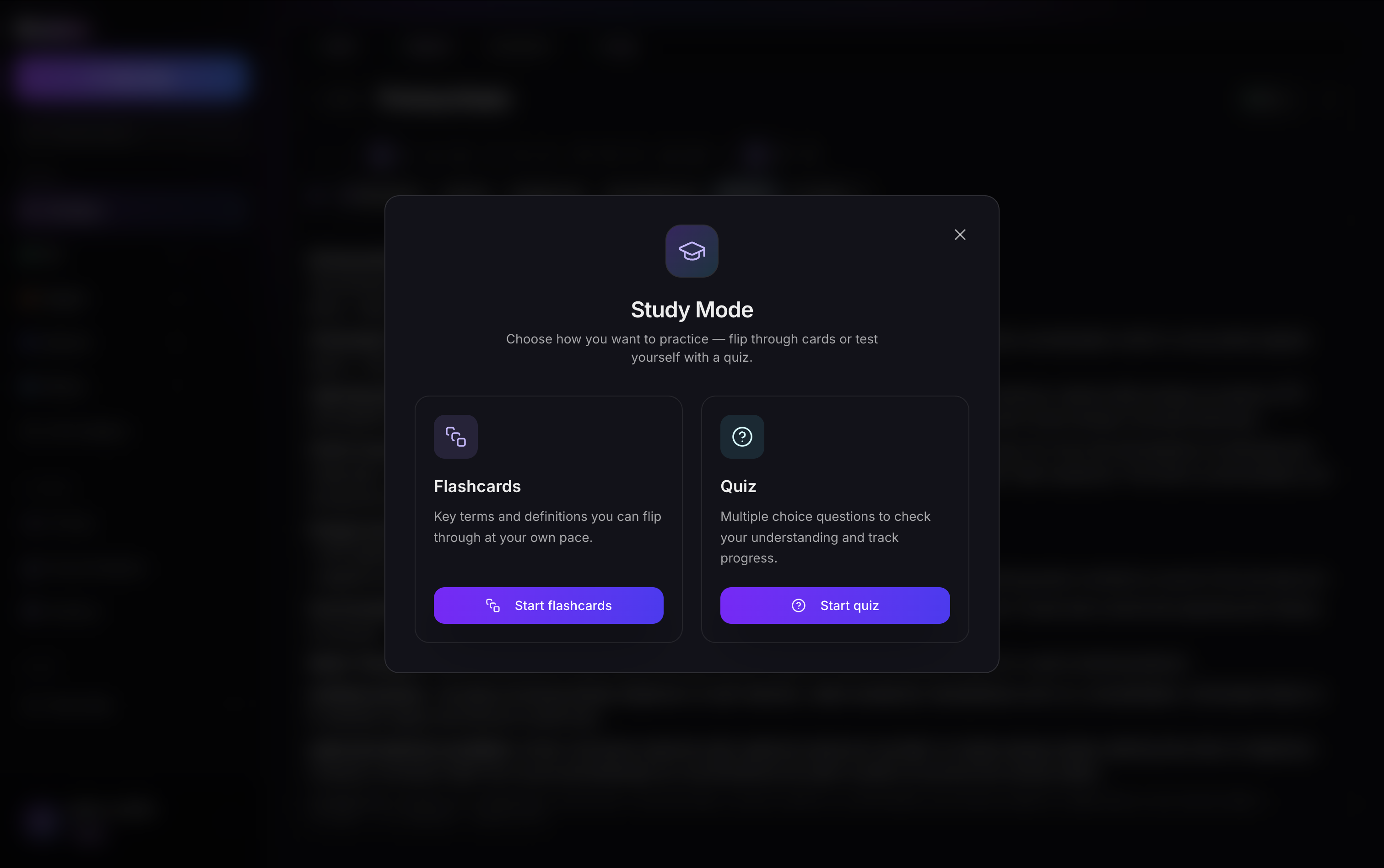 Studara Study Mode modal with flashcards and quiz options