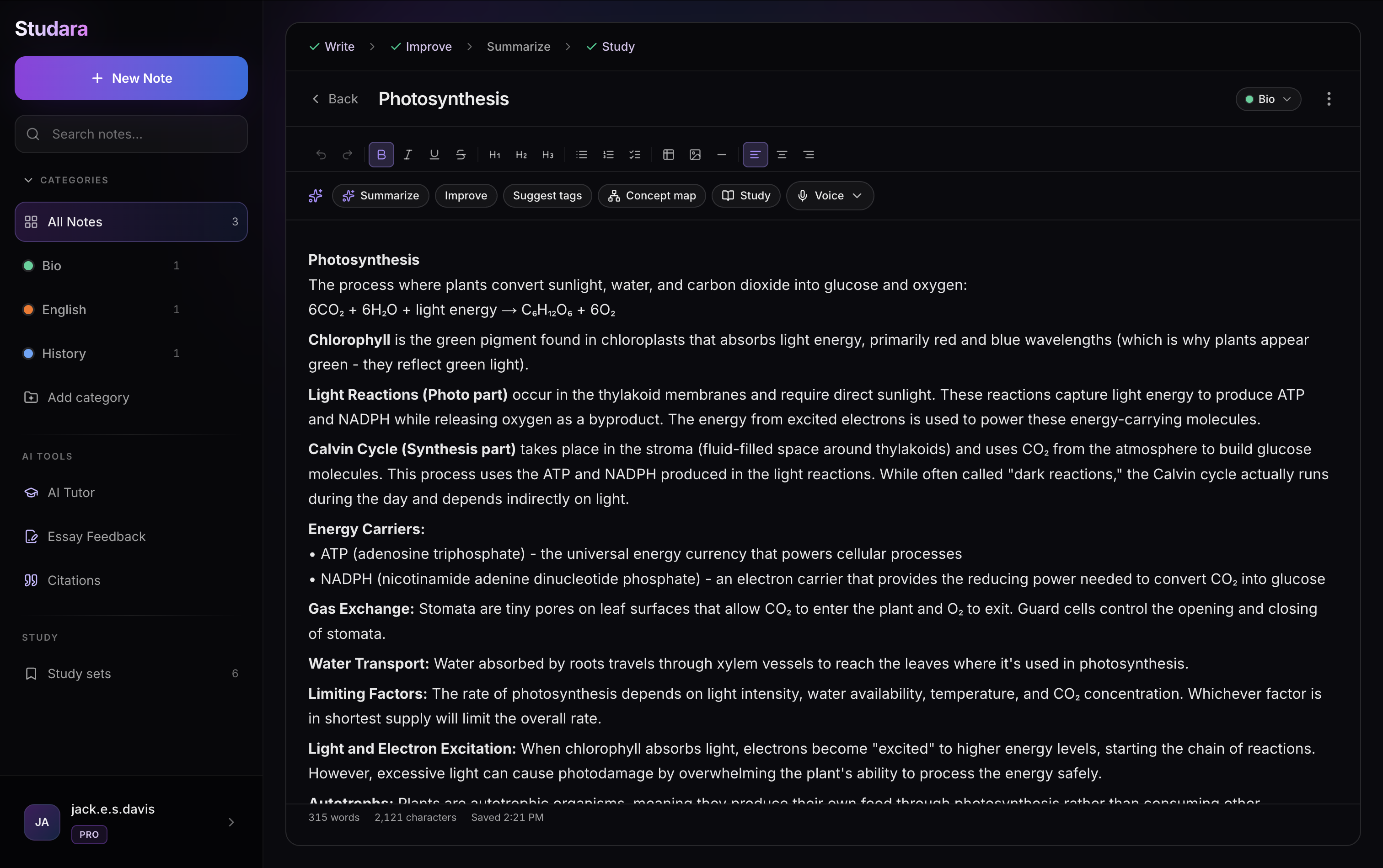 Studara notes dashboard